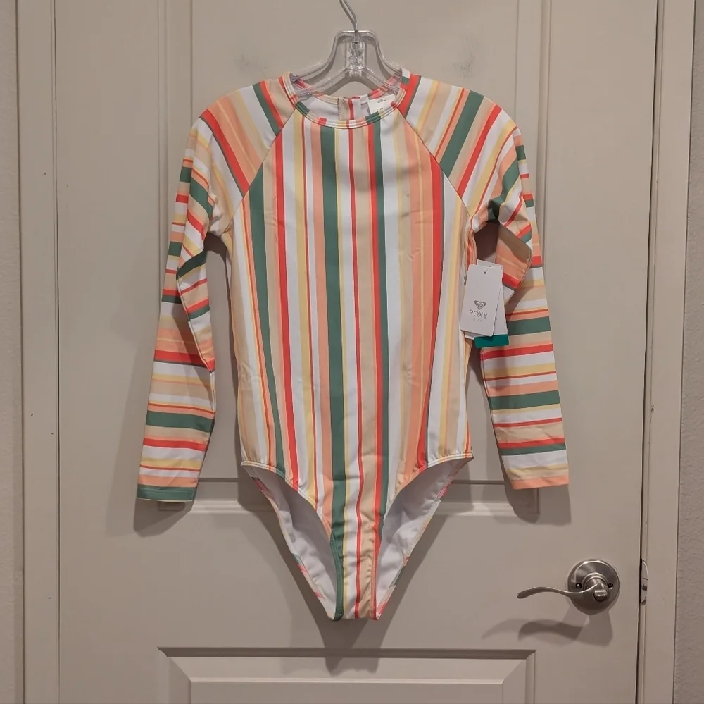 Roxy Girl’s Striped Long Sleeve Rash Guard One Piece Swimsuit Size XXL